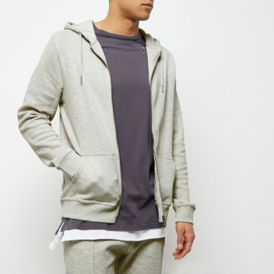 Grey piqu&#233; zip front hoodie